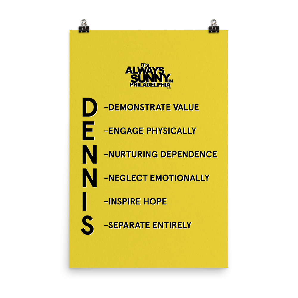 Always Sunny in Philadelphia Dennis System Yellow Premium Satin Poster |  Shop Hulu, image size:1000x1000